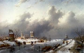 Un paisaje invernal helado con patinadores paisaje Charles Leickert Pinturas al óleo
